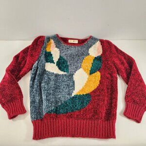 Vintage Red Colorblock Acrylic Sweater Leaf Pattern Abstract Small